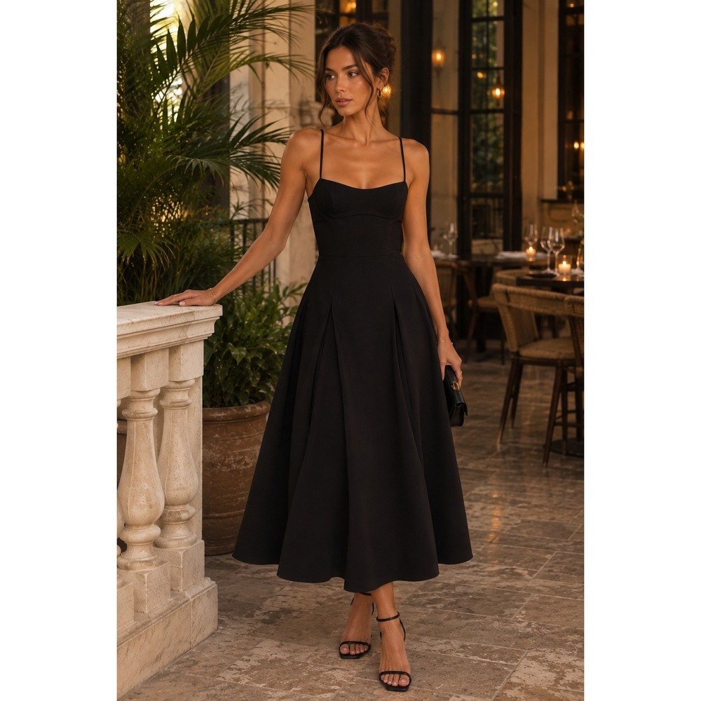Commense Black A-Line Maxi Dress Spaghetti Strap Sleeveless Formal Size L